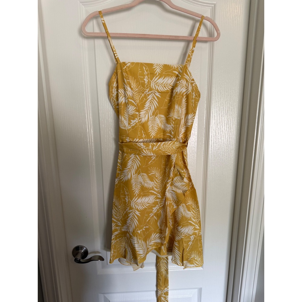 GLM Yellow Palm Print Mini Dress Womens Tropical Ruffle Tie Waist NWT L